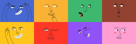 Funny faces icon set vector in cartoon style. Colorful grimace character in simple style.のイラスト素材