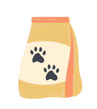 Cat and dog food vector. Canine cans, conserve of feline food . Pet shop assortment. Vitamines for home animals. Feeding colorful plate. Bowl with food for pets. Wet and dry meal.のイラスト素材
