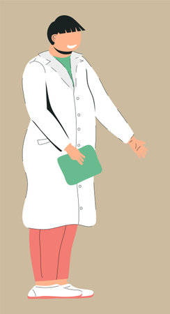 Smiling doctor, nurse vector. Distance medical conference. Clinic, doctor webinar, medicine blog. Pharmacist helps to buy medication. Pのイラスト素材