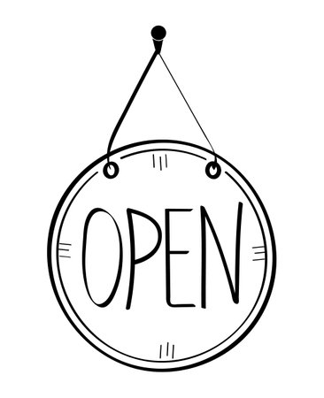 Open door tag set vector hand drawn. Shop door badge illustration in doodle sketch style. Window open storeのイラスト素材