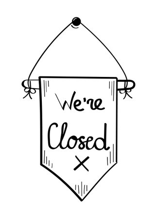 Closed door tag set vector hand drawn. Shop door badge illustration in doodle sketch style. Window open storeのイラスト素材