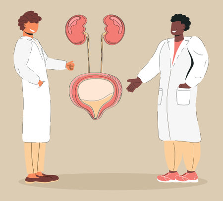 Tiny doctor treat kidneys. Urologist, nephritis symbol. Pyelonephritis and kidney stones diseases. Enuresis concept vector. Cystitis illustration for medical website in doodle style.のイラスト素材