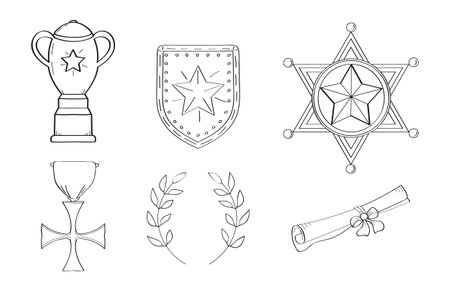 First place doodle icon. Winner prize, champion cup, ribbon in hand drawn style. Victory line illustration. Medals and diploma set vector. Champion cup in sketch style. Awards, trophy cups, stars.のイラスト素材
