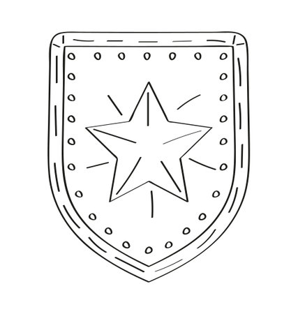 Shield with star. First place doodle icon. Champion status in sketch style. Winner prize. Laurel wreath in hand drawn style. Victory line. Awards, trophy cups, stars.のイラスト素材