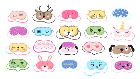Cute masks for dreaming set vector. Rest relax accessories for night collection. Sleepy mask with eyes, animals face and smiles.のイラスト素材