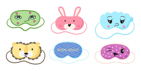 Cute masks for dreaming set vector. Rest relax accessories for night collection. Sleepy mask with eyes, animals face and smiles.のイラスト素材