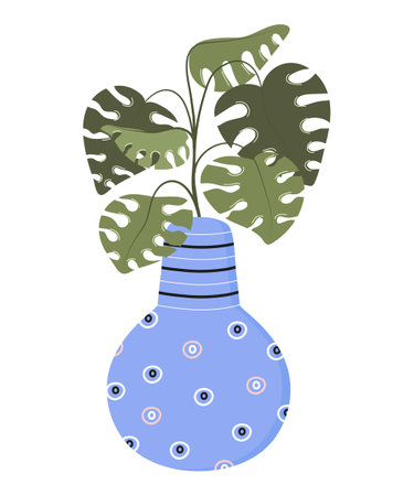 Monstera, palm houseplant with clay pot with ornaments vector set. Plant growing in pot or planter. Beautiful natural home.のイラスト素材