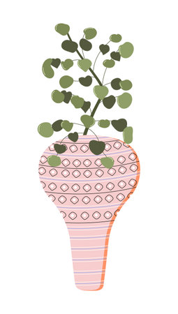 Pilea Peperomioides houseplant with clay pot with ornaments vector set. Plant growing in pot or planter. Beautiful natural home. Icon of city jungle.のイラスト素材