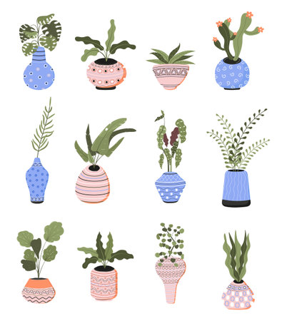 Houseplants with clay pots with ornaments vector set. Plants growing in pots or planter. Beautiful natural home. Icon of city jungle.のイラスト素材