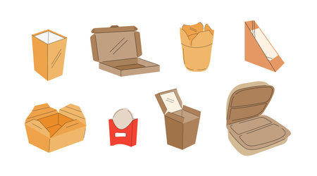 Food takeaway carton packages set vector. Lunch boxes. Cardboard cups, recyclable paper boxes. Delivery empty packages for pizza, icecream, fries. Take away carton packs.のイラスト素材