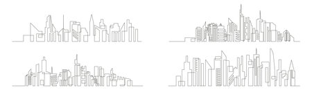 Continuous line drawing of house, residential building concept set vector. Panoramic landscape of metropolis architecture, skyscrapers. Modern cityscape continuous one linear illustration.のイラスト素材