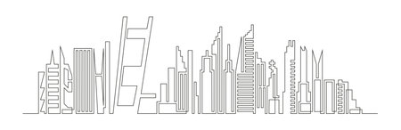 Continuous line drawing of house, residential building concept. Modern, trendy cityscape continuous one linear illustration. Panoramic landscape of metropolis architecture,のイラスト素材