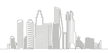 Continuous line drawing of house. Modern, trendy panoramic landscape of metropolis architecture, skyscrapers. Cityscape continuous one linear illustration, residential building conceptのイラスト素材