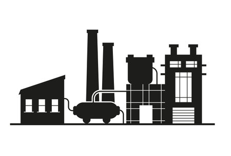 Factory, manufactury and plants vector set. Oil refinery. Factory silhouette icons. Industrial warehouse.のイラスト素材