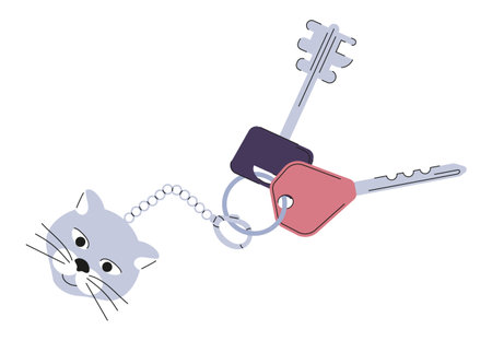 Keychains vector. Pendants in shape of bow, cat, hearts, chain. Trinkets, keyholders and keyringsのイラスト素材