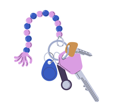 Keychains vector. Pendants in shape of bow, cat, hearts, chain. Trinkets, keyholders and keyrings