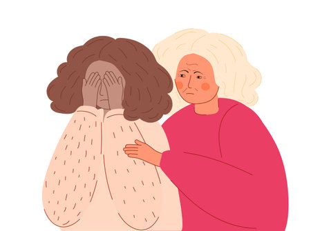 Mental health support. Helping hand for depressed, unhappy african girl. Mother hugs her afro daughter. Psychological and parent support concept vector.のイラスト素材
