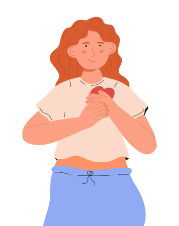 Smiling girl shows positive gestures, love, compassion, feel affection, gratitude. Love yourself. Woman holds her hands on her chest, sign of cordiality, love.のイラスト素材