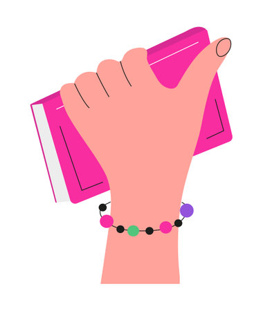 Hand hold book icon. Concept of literature, dictionaries, encyclopedias. Hand with planners with bookmarks in doodle style.のイラスト素材