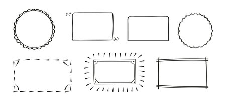 Outlines,vintage photo border. Mirror frames in doodle style. Blank black square rectangle label elegant sketch.のイラスト素材