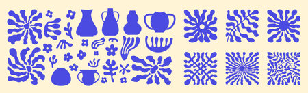 Inspired Matisse abstract figures vector. Blue plant branch. Floral Matisse elements set in contemporary, minimalist style. Native silhouette, botanical shapes.のイラスト素材