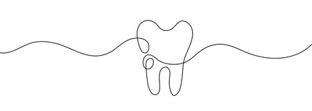 Tooth icon vector in continuous line drawing style. Caries, tartar or tooth cyst treatment icon vector. Dental crown and filling, whitening of teeth.のイラスト素材