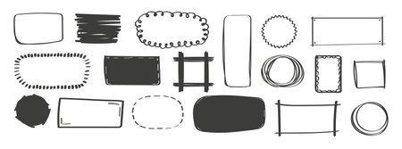 Doodle frames set vector. Hand drawn rectangle line text box set. Scribble rectangular, circle shape. Sketch pencil empty boxのイラスト素材
