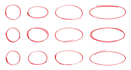 Oval, circle line, grunge vector set in sketch style. Red frames outline in hand drawn style.のイラスト素材