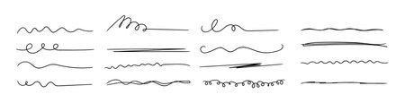 Strike through underlines set in doodles style. Brush stroke markers collection. Typography ink brush lines.のイラスト素材