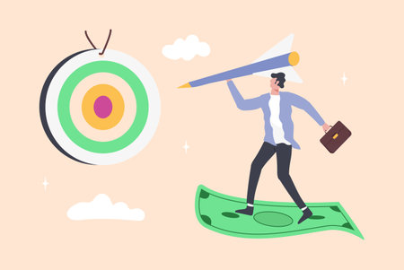 Businessman flies on a banknote, holds an arrow and aims at the target. Targeting concept vector.のイラスト素材