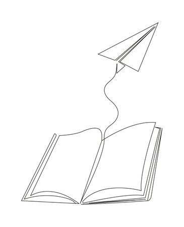 Minimalist vector illustration depicting a paper plane and book in a continuous one line drawing style, symbolizing the concept of business messages and ideas.のイラスト素材