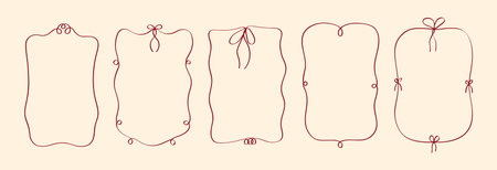 Set of elegant, whimsical hand-drawn frames featuring wavy, squiggle, and curly ribbon designs with bows in vintage and retro styles.のイラスト素材