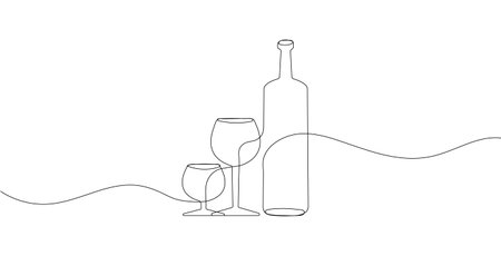 Wine bottle and two glasses drawn in a continuous line style vector.のイラスト素材