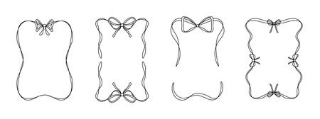 Set of frames decorated with ribbons and bows in doodle style. Decorative design for wedding cards, greeting letters, invitations, and social mediaのイラスト素材