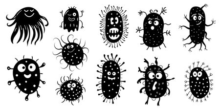 Set of cute hand-drawn bacteria and microbes in doodle style. Funny cartoon germs and viruses perfect for educational materials, children s books, posters, healthcare designs, or science-themed projects. Black and white vector illustration.のイラスト素材