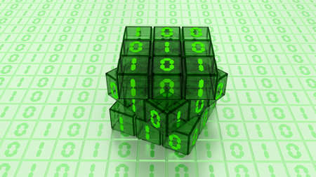 A Digital Binary Magic Cube Box in Green Glass Light Backgroundの写真素材