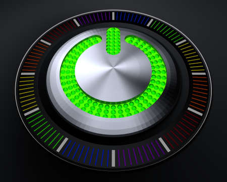 START Button with Glowing Green Lights on Dark Consoleの写真素材