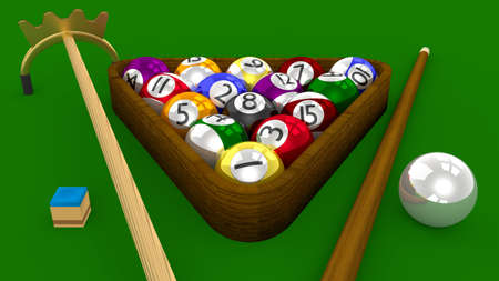 8 Ball Pool 3D Game - All Balls Racked with Accessories on Green Tableの写真素材
