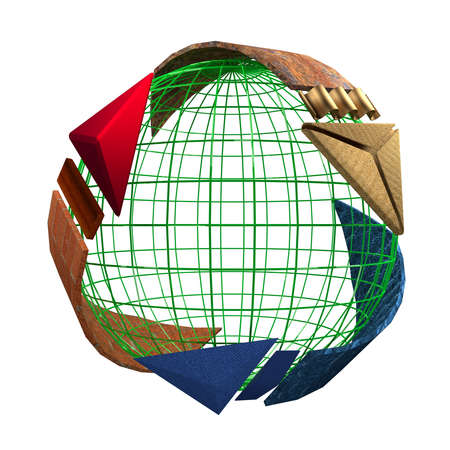 Recycled Symbol with Human-Made Materials Arrow Revolving a Green Earthの写真素材