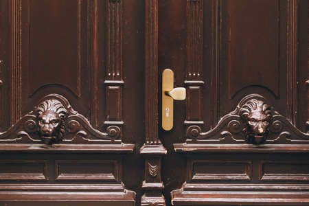 Wooden old door with lions in Pragueの写真素材