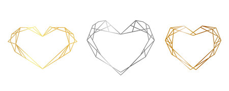 Gold, silver, bronze outlines of geometric hearts. Vector polygonal frames for decoration valentine's day, wedding invitations and greeting cardsのイラスト素材
