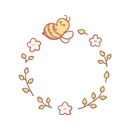 Cute circle frame in doodle cartoon style. Vector illustration of round border with leaves, flowers and beeのイラスト素材