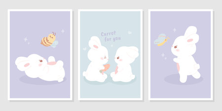 Kids posters with white rabbits, bee and butterfly in pastel color. Vector Illustration of cute animals for decoration baby room, greeting card and invitationsのイラスト素材