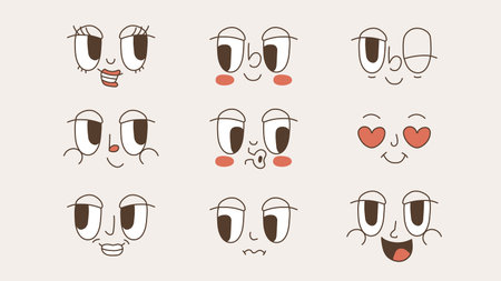 Groovy faces of the 70s. Comic cartoon retro eyes and mouths with different emotions. Vectorのイラスト素材