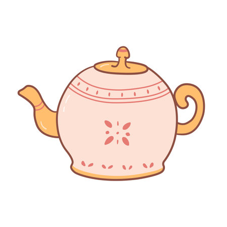 Ceramic teapot in cartoon style. Cute rustic tea pot in doodle style. Vector illustration isolated on white backgroundのイラスト素材