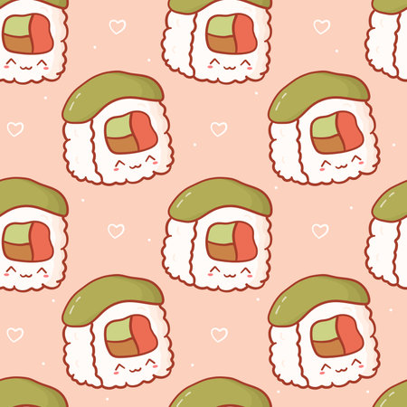 Seamless pattern with cartoon sushi roll. Cute anime print for phone case, backgrounds, fashion, wrapping paper and textile. vector illustrationのイラスト素材