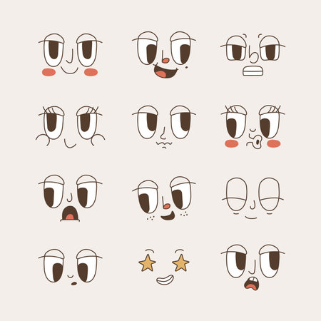 Set of faces in cartoon retro and groovy style. Eyes and mouths of the 70s with different expressions. vectorのイラスト素材