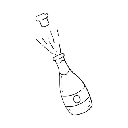 Champagne opening with splash in doodle style. Champagne bottle in black linear drawing style. Vector illustration isolated on white backgroundのイラスト素材