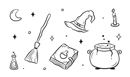 Collection of Witchcraft hand drawn doodles. Set of witch hat, spell book, broom, potion, cauldron, candle, moon in black linear drawing style. vector illustrationのイラスト素材