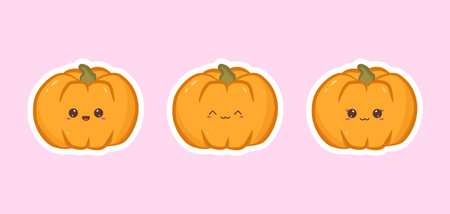 Set of cute stickers pumpkins with funny faces. Collection of halloween pumpkins in kawaii style. vector illustrationのイラスト素材